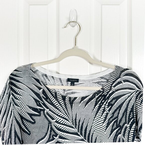 Talbots Linen Pullover Women’s M Black White Palm Print Round Neck Cap Sleeve - Picture 4 of 7